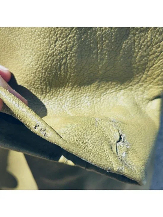 70s Light Yellow Green Leather Trench Coat Black Satin Lined Bespoke Women's M/L - Picture 4 of 13